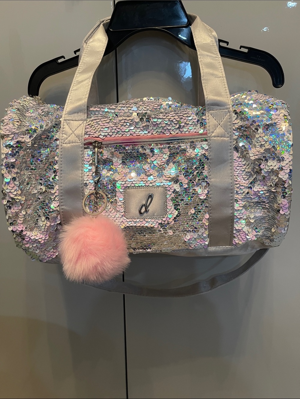 Iridescent Sequin Pink Travel Duffle with Pom Pom Charm